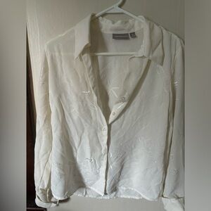 Lightweight, Silk Button-Up Top with Floral Stitching & Pearl-Finished Buttons